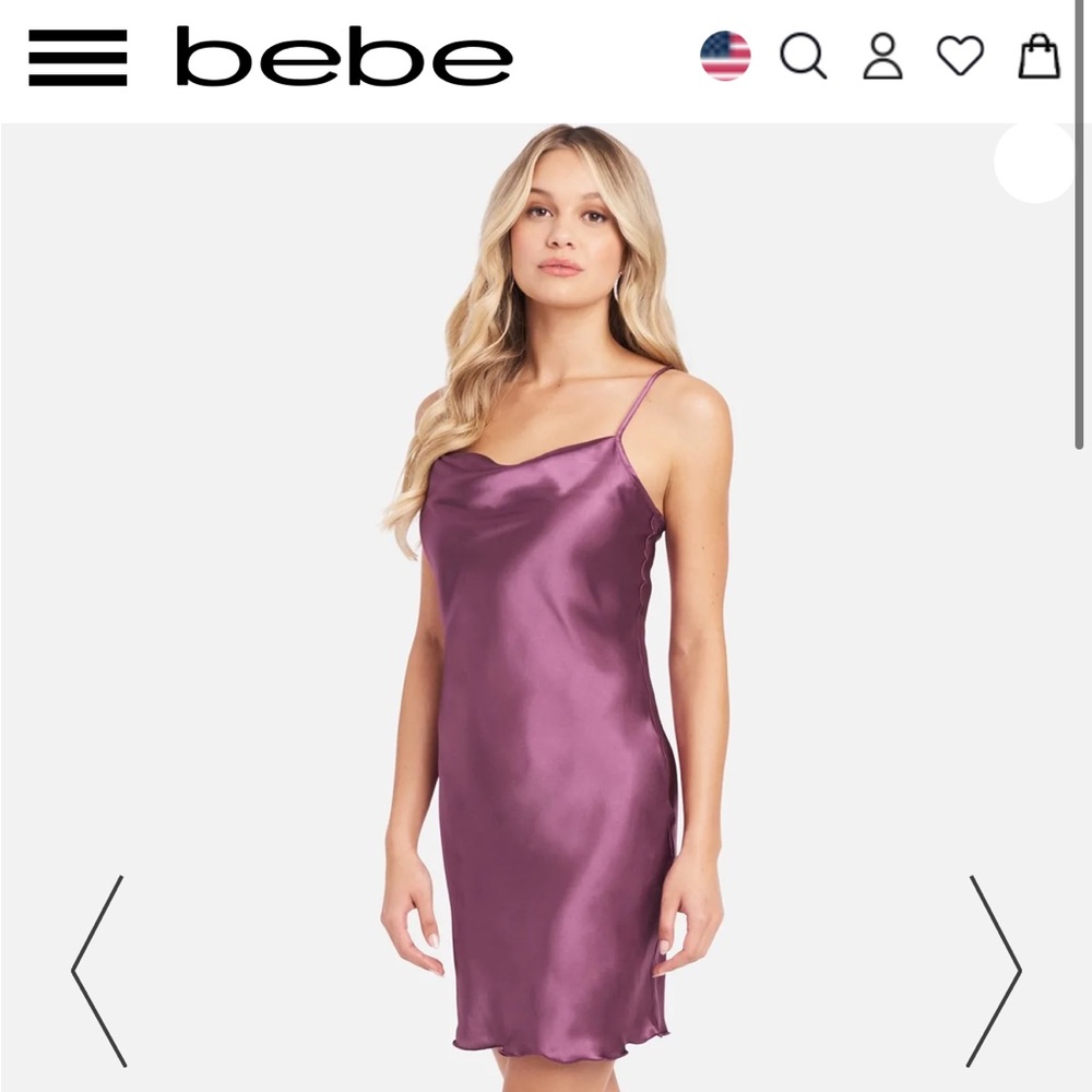 BEBE SATIN COWL NECK SLIP MINI DRESS
